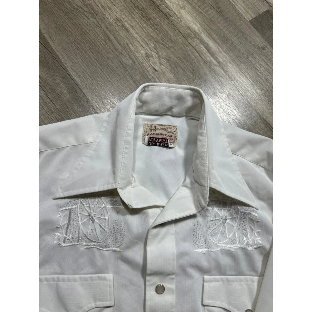 Vtg H BAR C Western Shirt Mens Wagon Wheel Pearl Snap Permanent Press‎ White